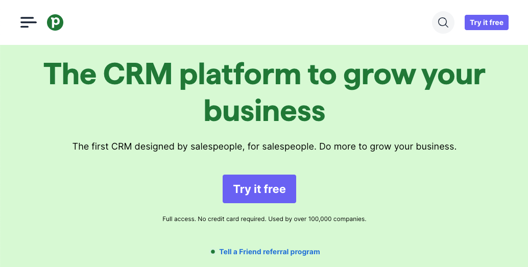 Pipedrive homepage with a green background and black text detailing their product offers
