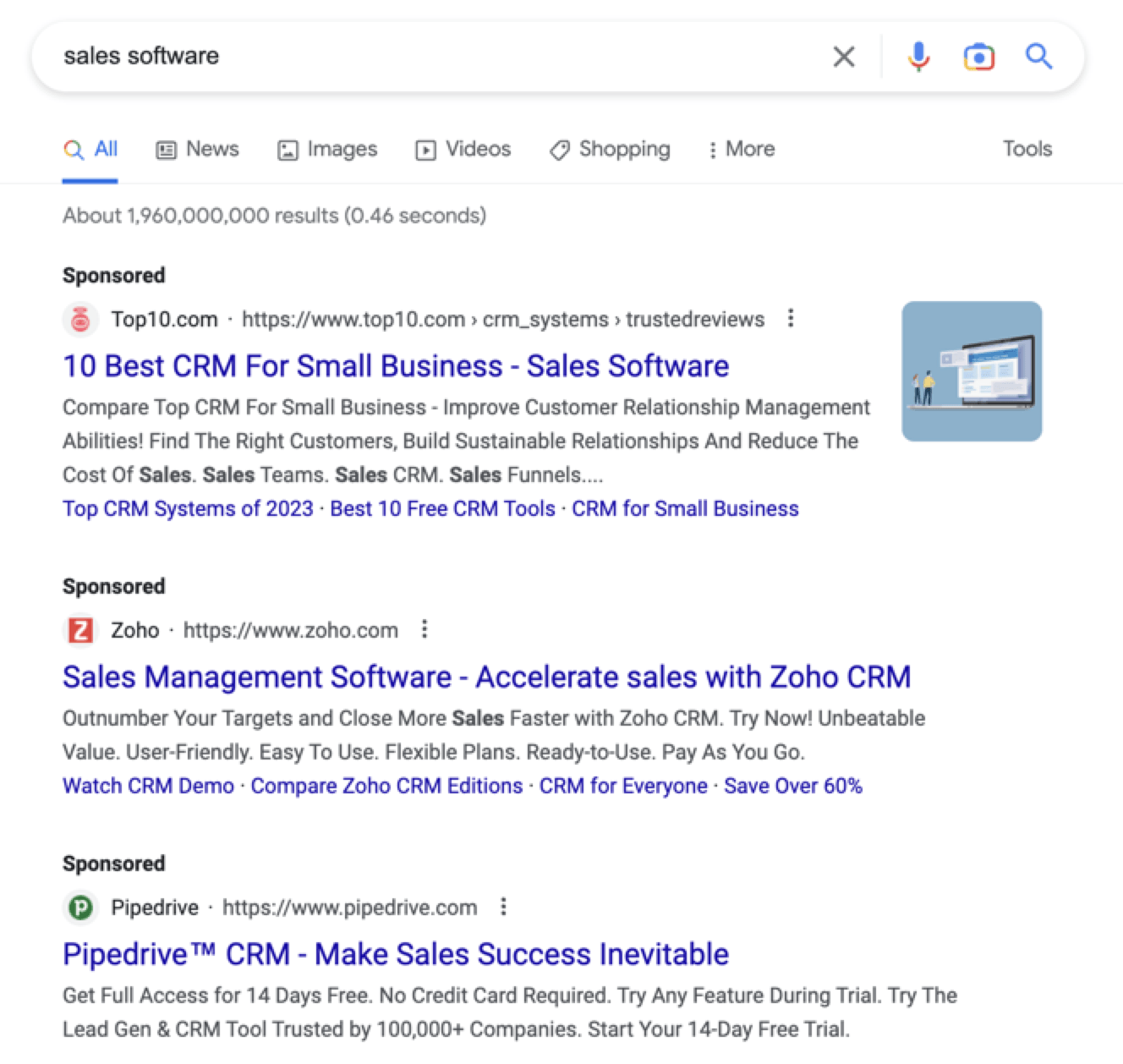 Screenshot of paid Google results for the term "sales software"