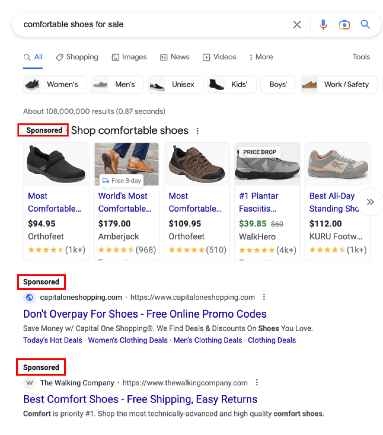 Screenshot of Google results for the term "comfortable shoes for sale"