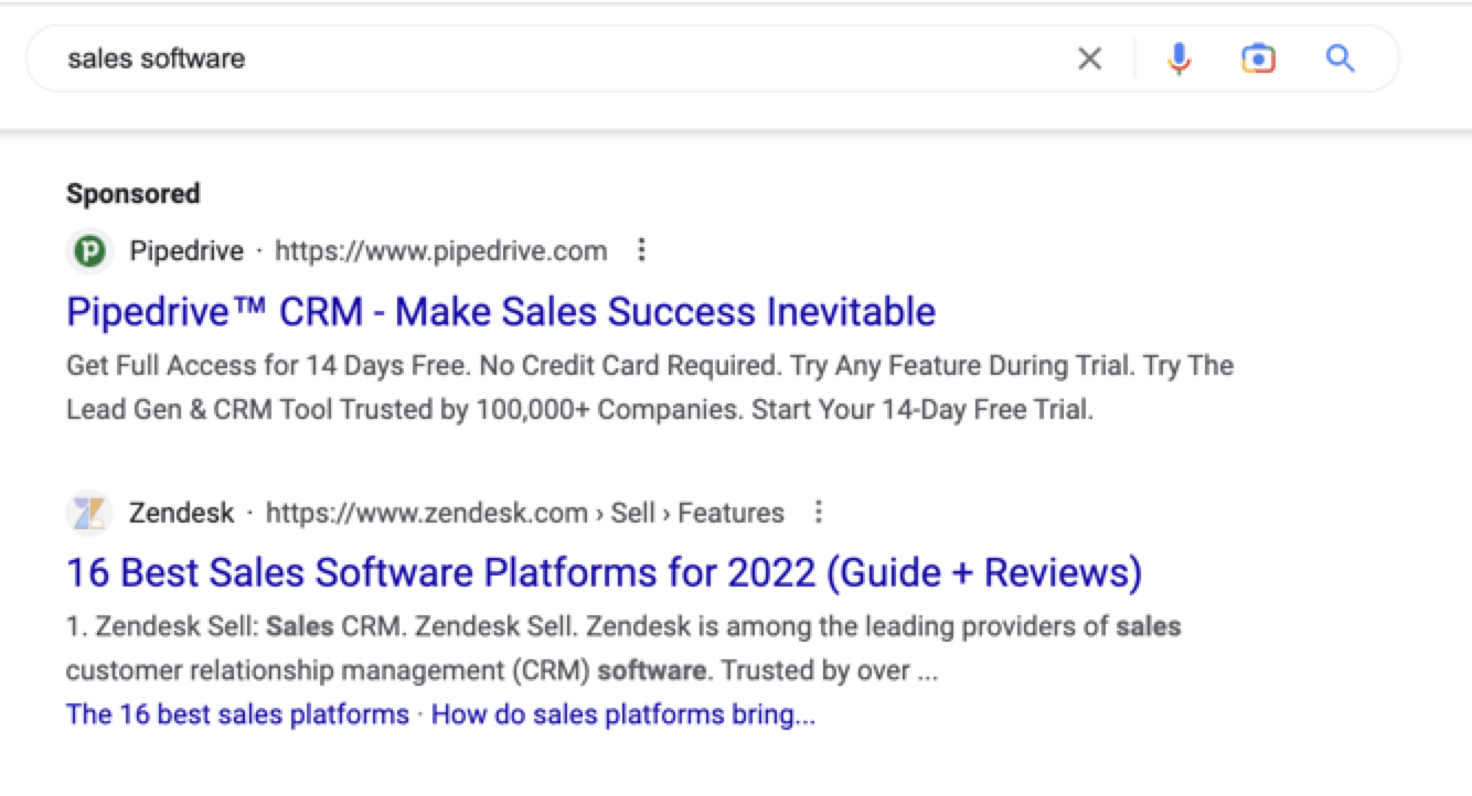 Screenshot of Google search results for tthe term "sales software" 