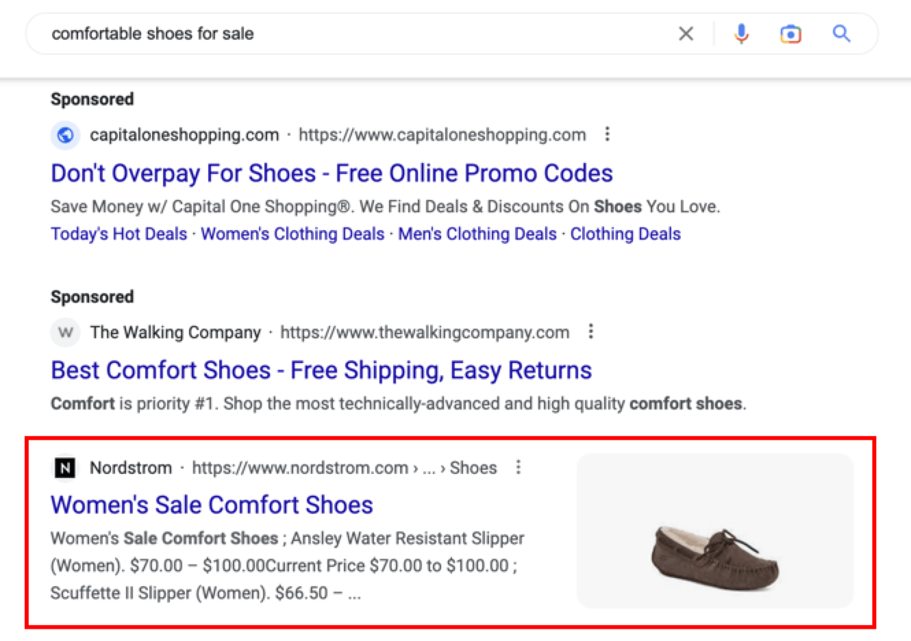 Screenshot of Google results for the term "comfortable shoes for sale"