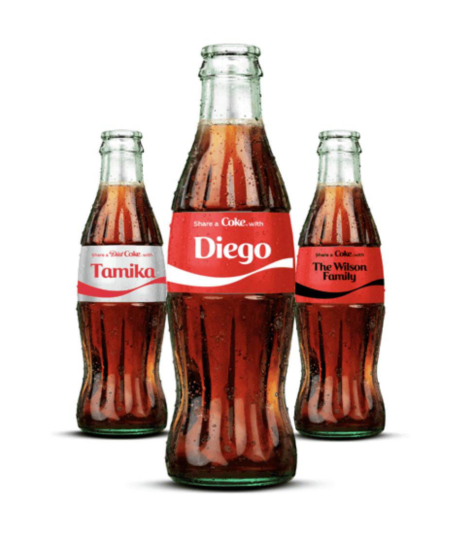 Picture of three Coke bottles with the "Share a Coke With" label