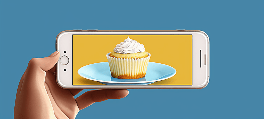 A hand holding a smartphone displaying a 3D-like image of a frosted cupcake on a blue plate against a yellow background.