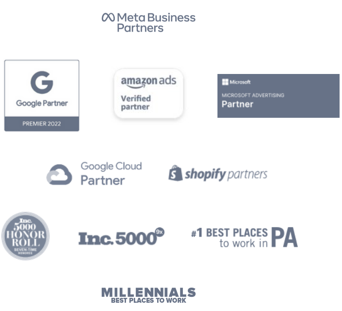 Logos and badges indicating partnerships with Meta Business, Google, Amazon Ads, Microsoft Advertising, Google Cloud, and Shopify, as well as awards including Inc. 5000 Honor Roll, #1 Best Places to Work in PA, and Millennials Best Places to Work.