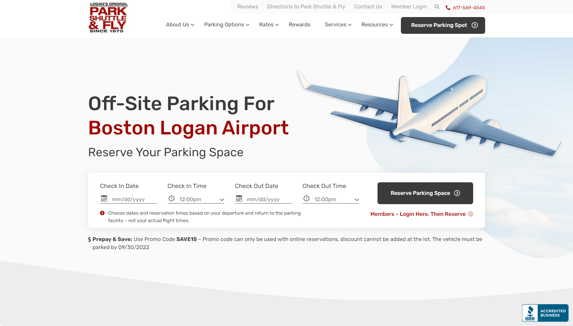 Screenshot of Park Shuttle & Fly's reservation webpage for off-site parking at Boston Logan Airport, featuring a reservation form, promotional discount code, and a stylized airplane graphic in the background.