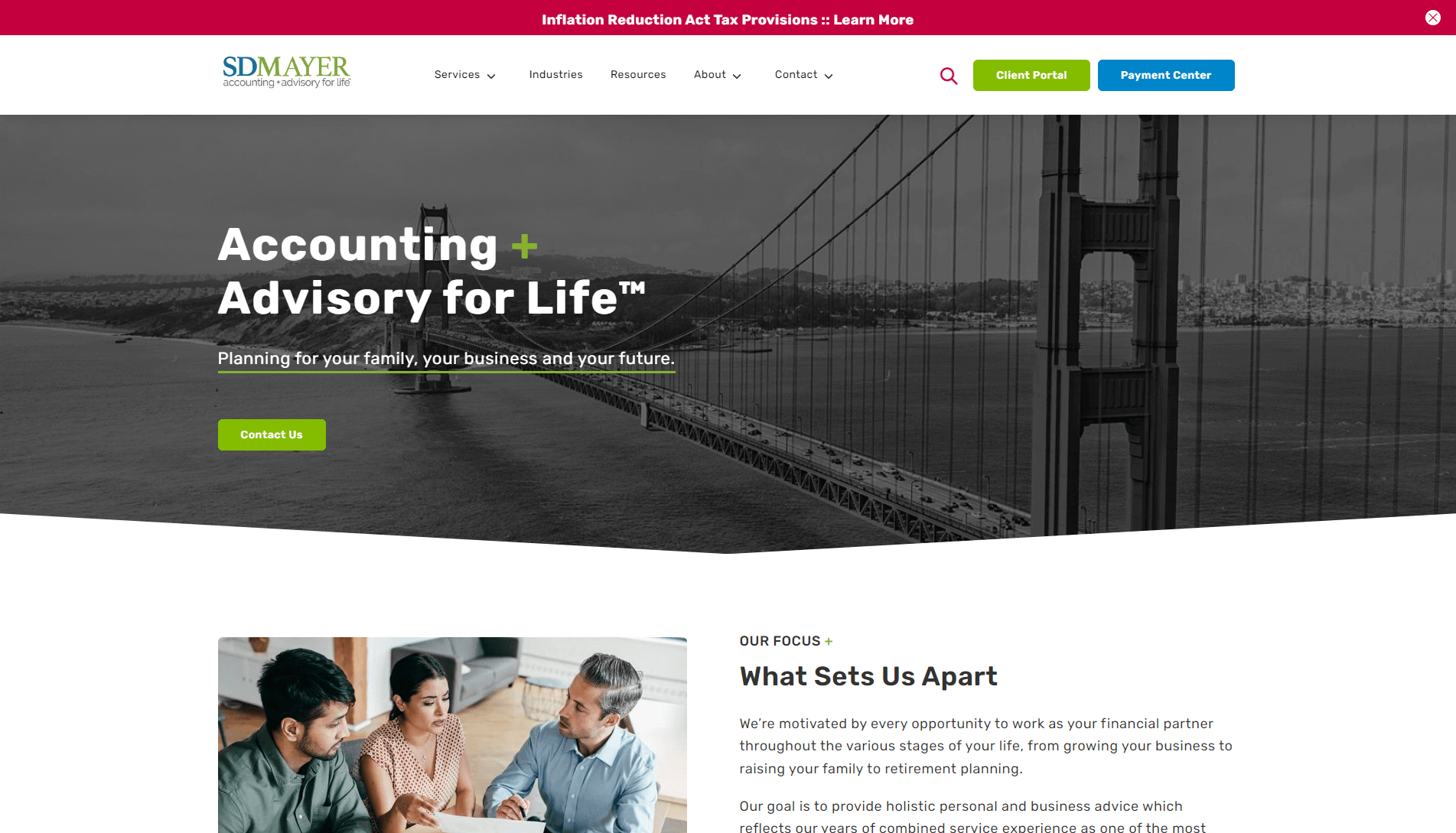 Website banner for SDMAYER accounting firm featuring the Golden Gate Bridge in the background with overlay text about accounting and advisory services, and a photo of three professionals in a meeting.