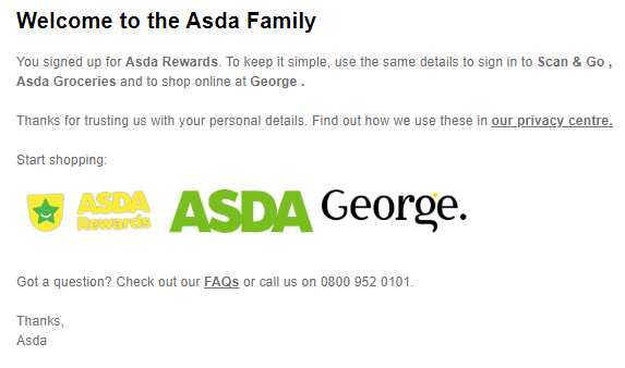 Asda rewards welcome email