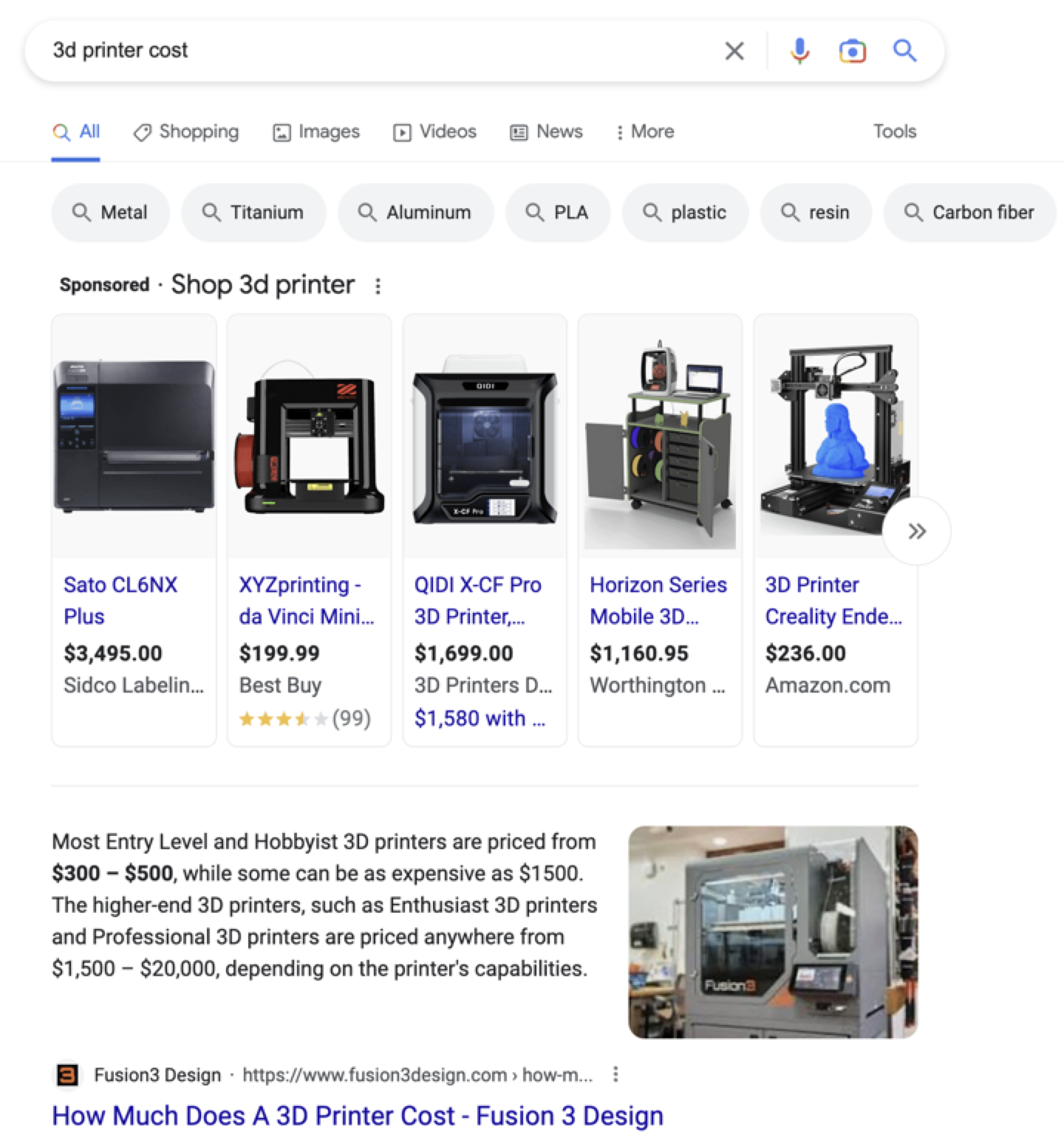 Screenshot of Google results for "3d printer cost"