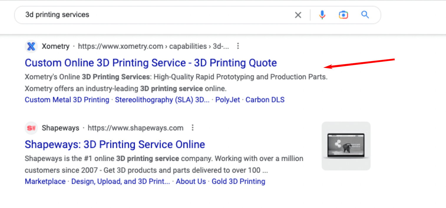 Screenshot of Google results for "3d printing services"