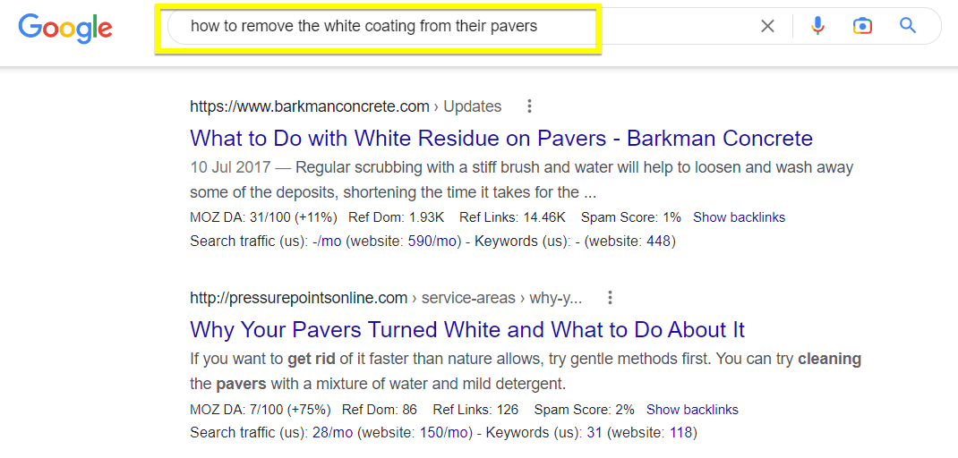 SERP keyword results example