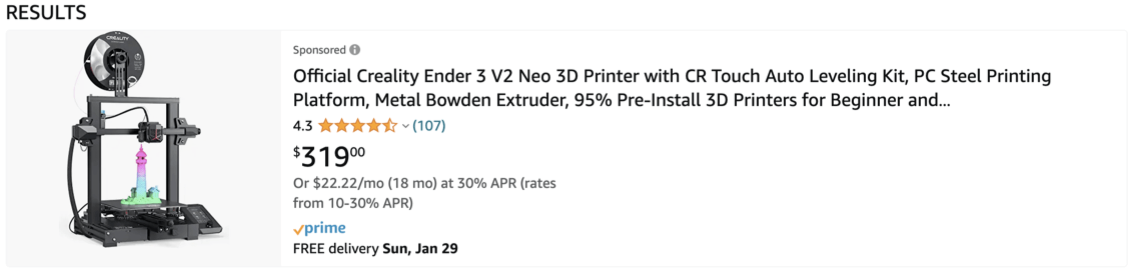 Screenshot of a sponsored Amazon result for a 3D printer