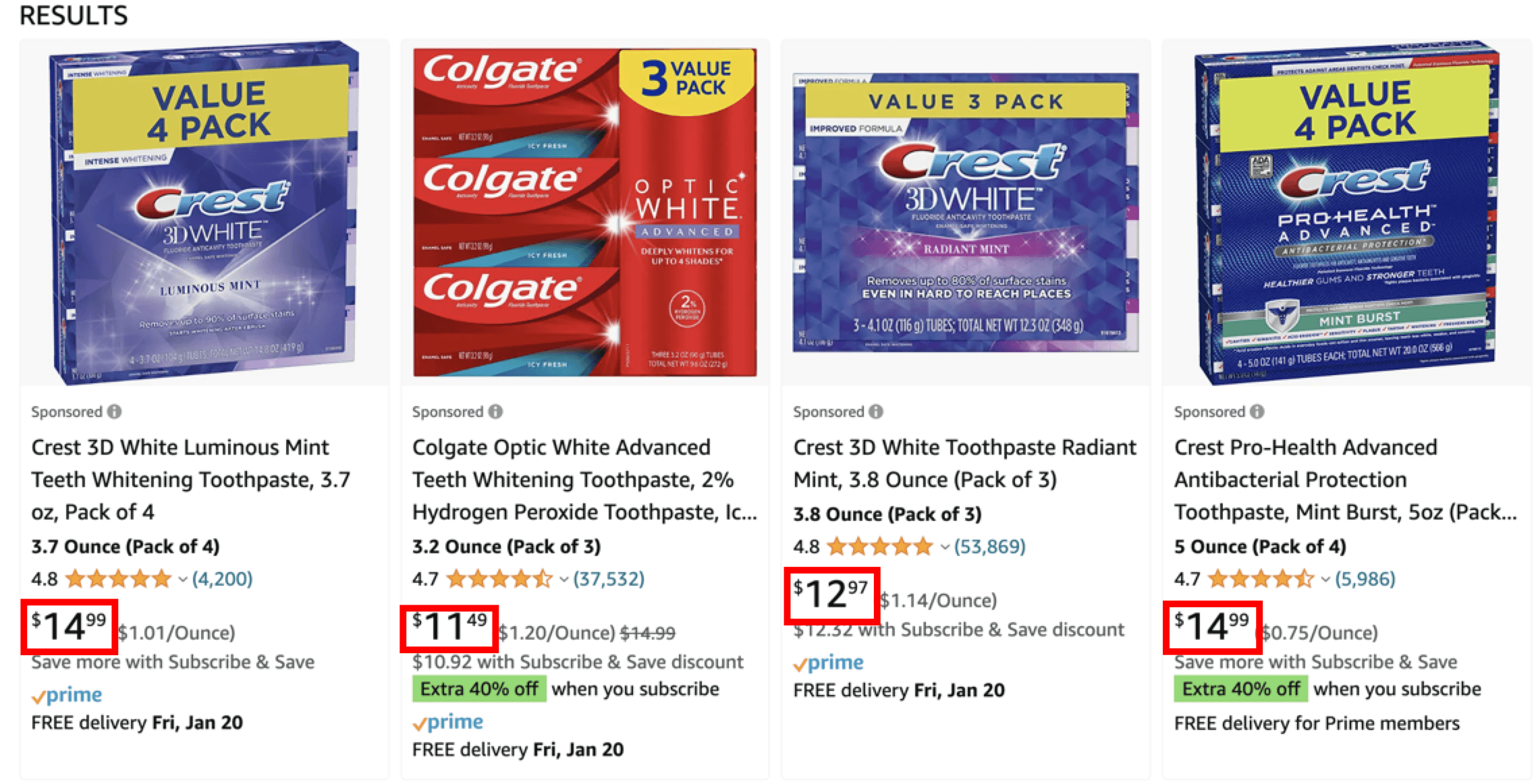 Screenshot of toothpaste listings on Amazon with red boxes around the prices