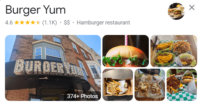 Screenshot of the Google listing for Burger Yum with photos of the location and products