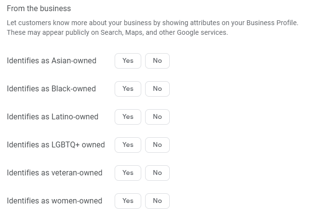 Screenshot of business attributes on Google