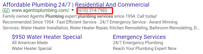 screenshot of search results showing ppc ad call extension