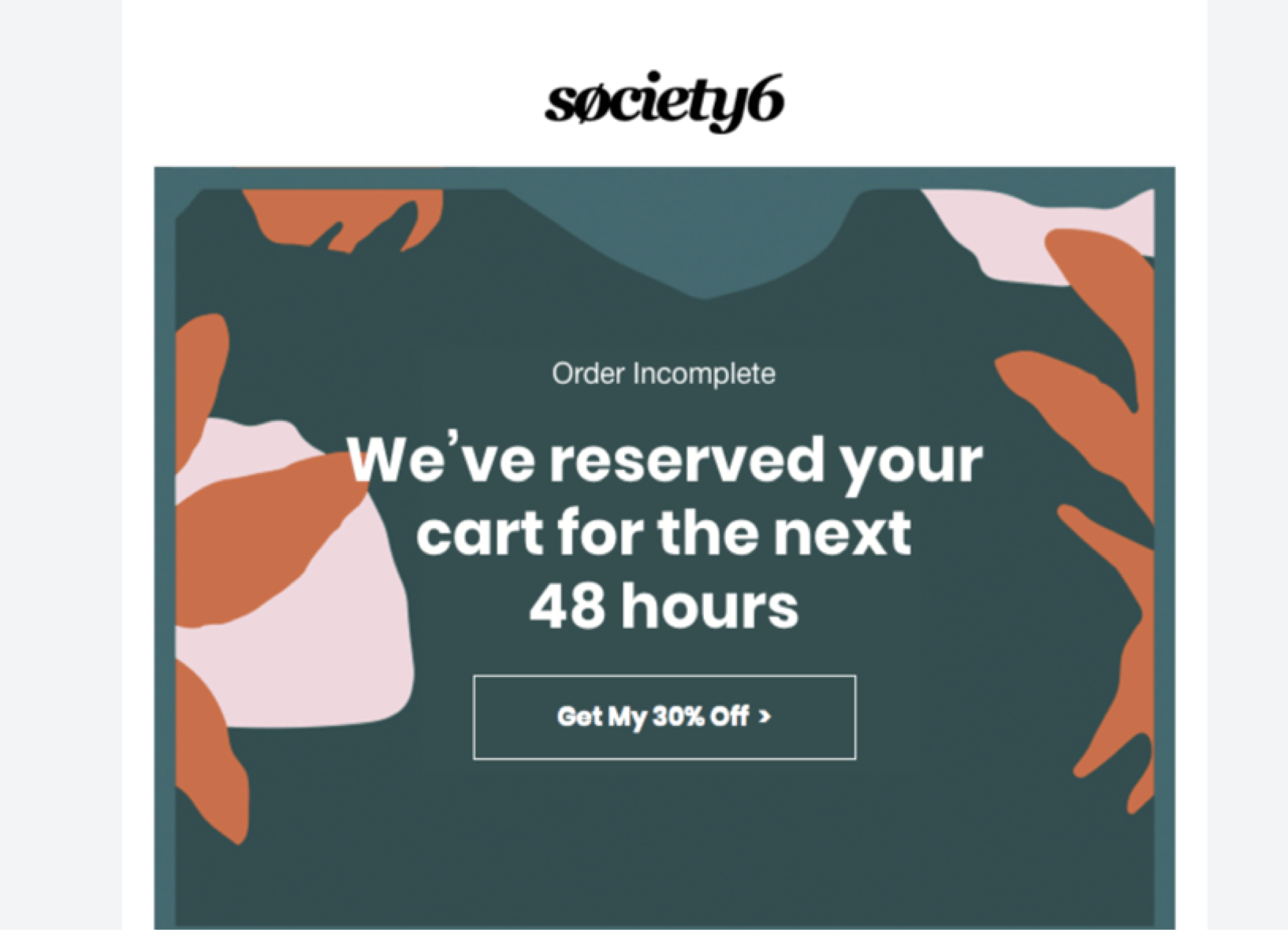 Screenshot of Society6 email that states "We've reserved your cart for the next 48 hours"