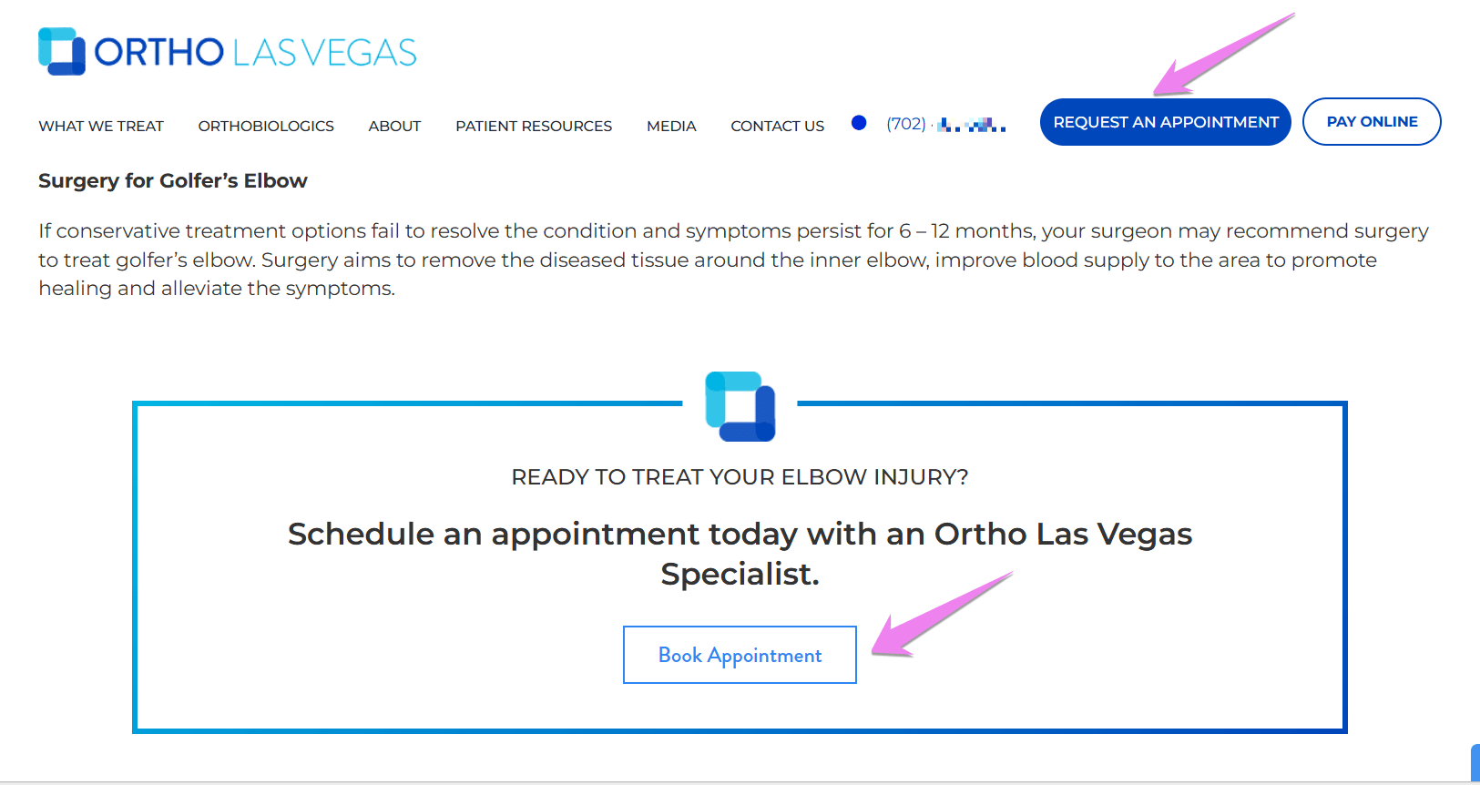 An orthopedic practice’s page has multiple CTAs, making it easy for patients to book an appointment and call the clinic