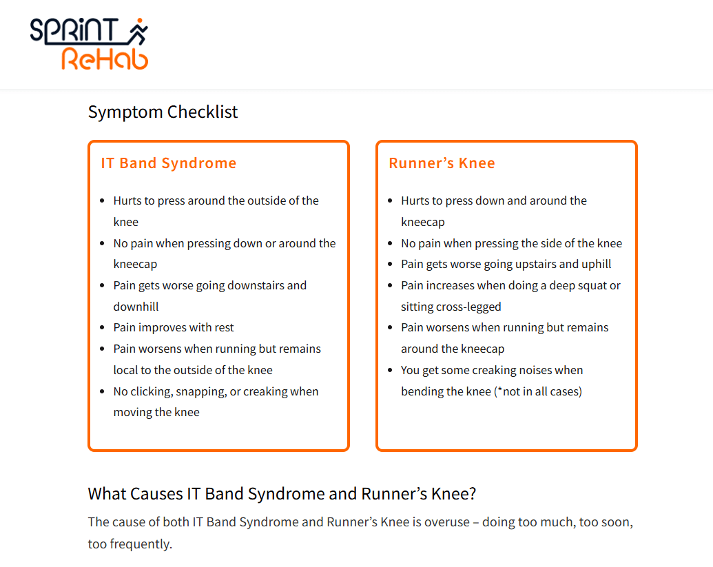 A page comparing runner’s knee and ITBS