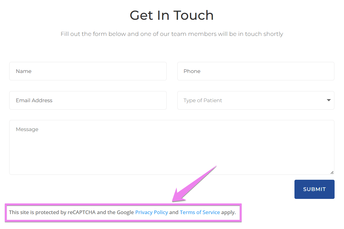 An example of an orthopedic practice’s contact form with a privacy policy clause