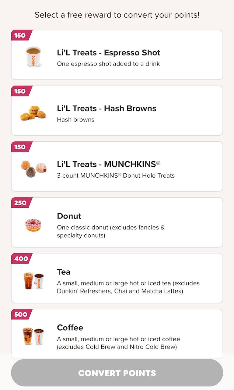 Dunkin' reward tiers detailing what people can get at different stages