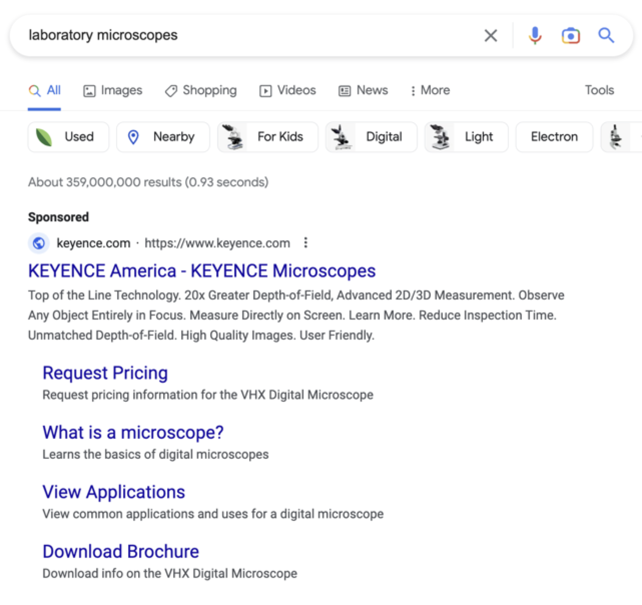 Screenshot of Google results for "laboratory microscopes"