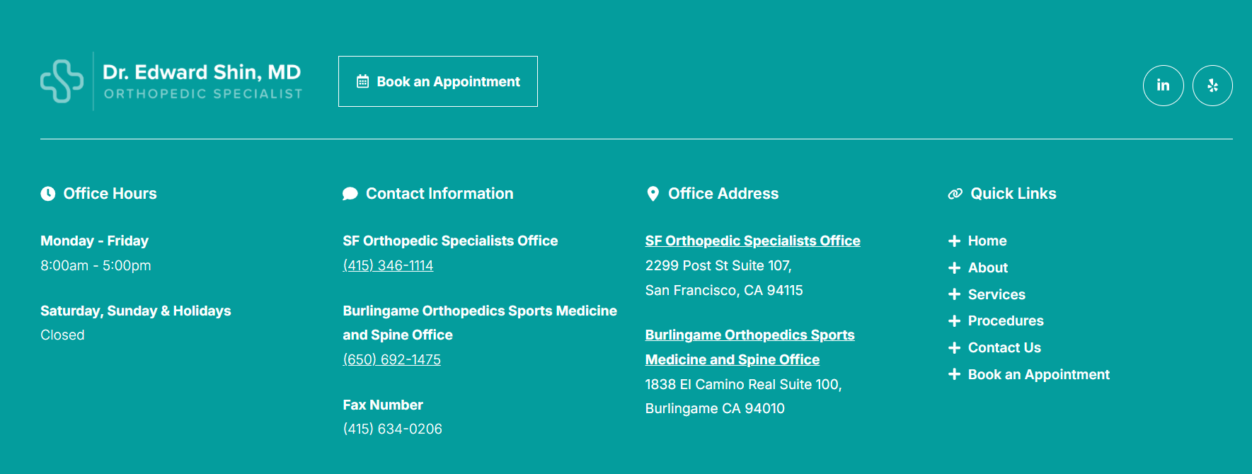 Example of an orthopedic practice’s website footer displaying office hours, contact information, and addresses