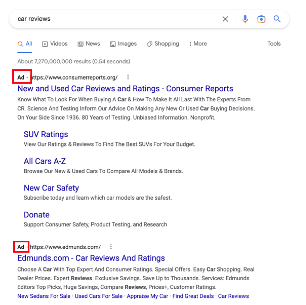 Google results for "car reviews" highlighting the sponsored content