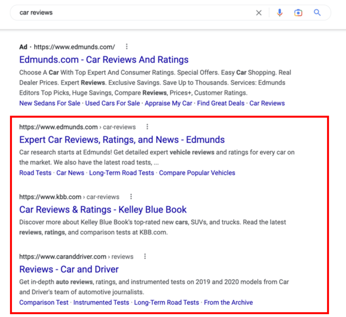 Screenshot of Google results for "car reviews"