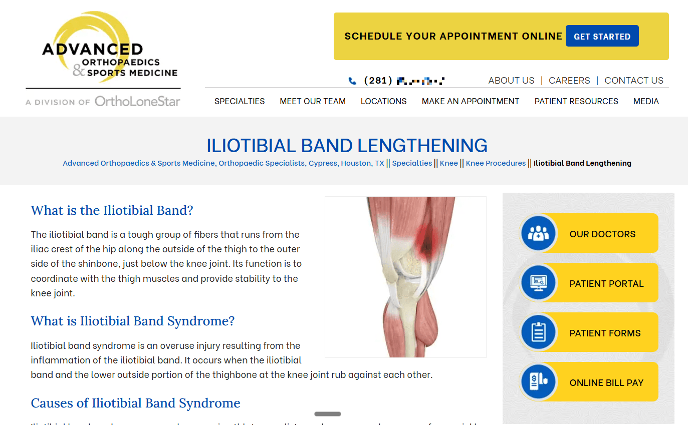 An example of an iliotibial band syndrome guide on an orthopedic practice’s website