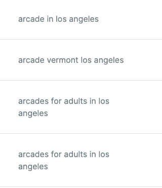 List of keywords related to arcades on a keyword research tool