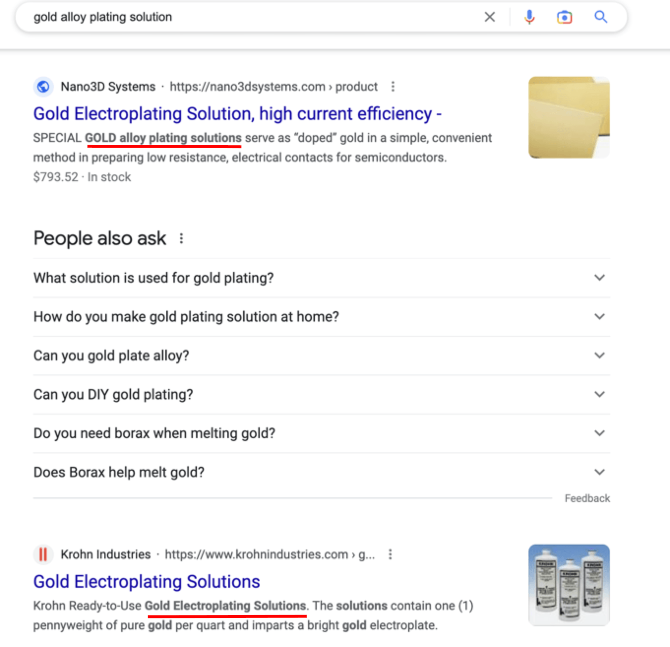 Screenshot of Google results underlining the term "gold alloy plating solution" in the results