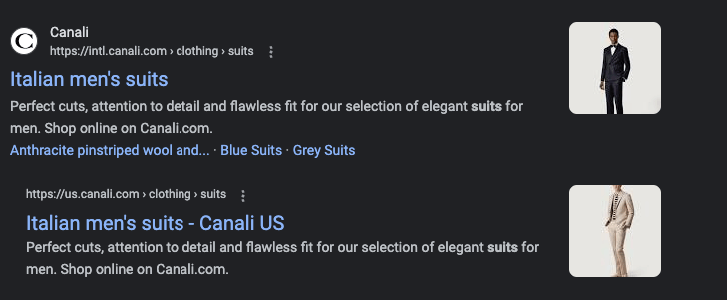 Google listings for Italian silk suits