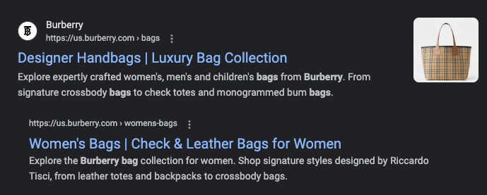 SEO listing for Burberry bags on Google