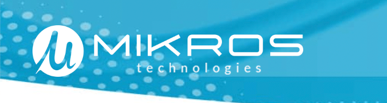 Logo of MIKROS technologies with a stylized lowercase 'm' in blue on a light blue background with white dots and a dark blue swoosh.