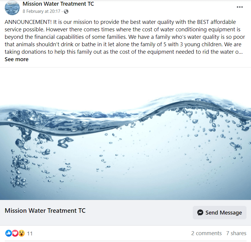 mission water treatment facebook post screenshot