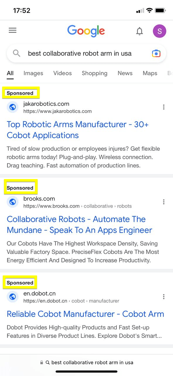 mobile screenshot showing paid and organic google search results