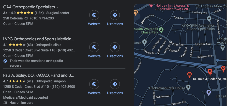 Google listing for orthopedists in a specific area