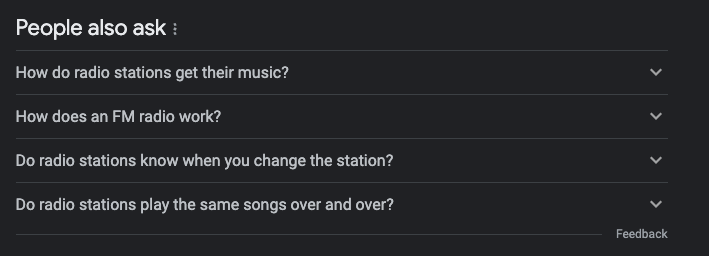 People Also Ask section on Google with related questions about radio stations