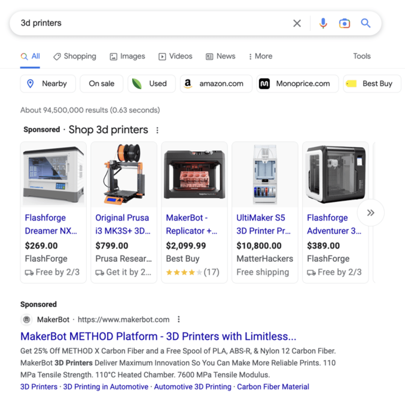 Screenshot of Google results for 3D printers