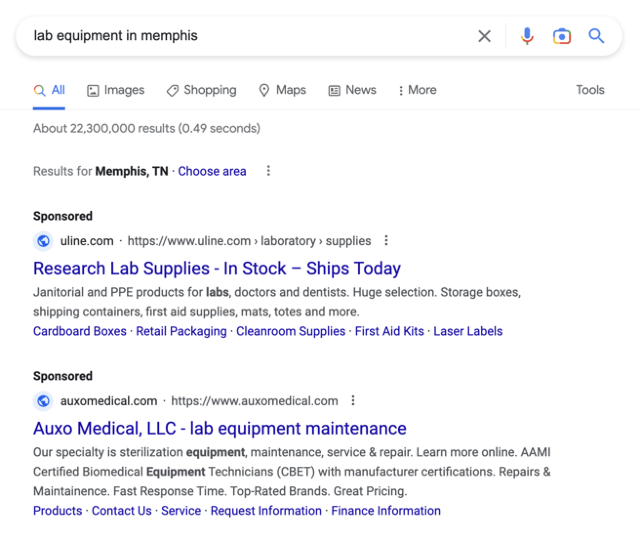 Screenshot of Google search results for "lab equipment in memphis"