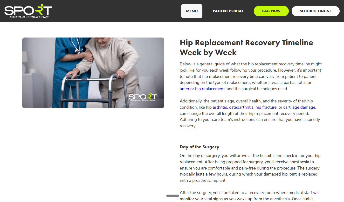 An orthopedic practice’s page on total hip replacement recovery