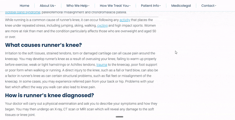 An orthopedic practice’s page on runner’s knee has sections on causes, diagnosis, treatment, and prevention.