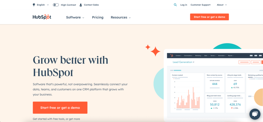 Hubspot webpage titled grow better with Hubspot.