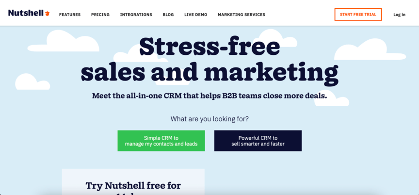 Nutshell webpage titled stress-free sales and marketing.