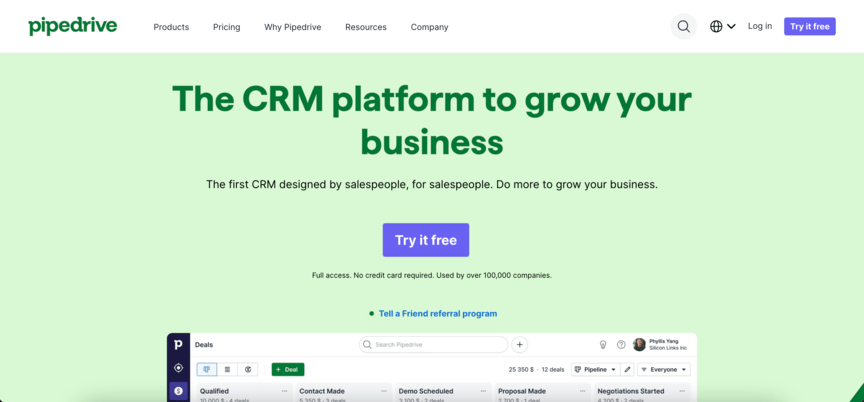 Pipedrive webpage titled "The CRM platform to grow your business."