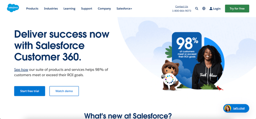 Salesforce webpage titled deliver success now with Salesforce Customer 360.