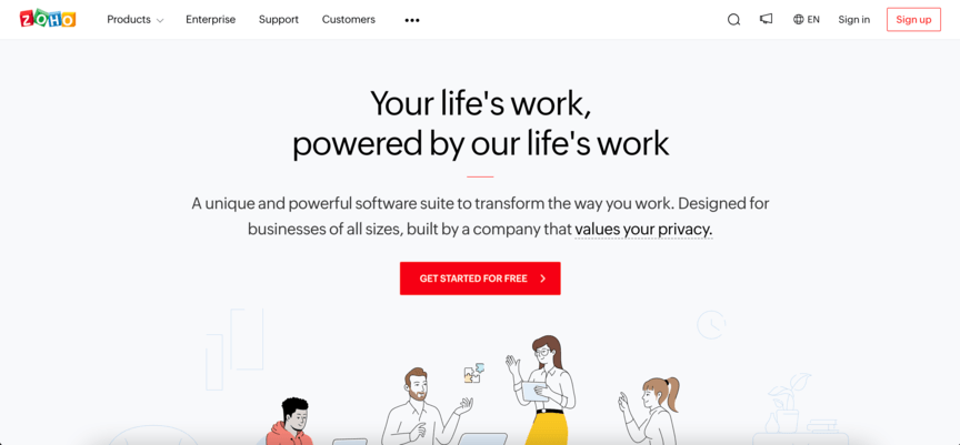 Zoho webpage titled" Your life's work, powered by our life's work."