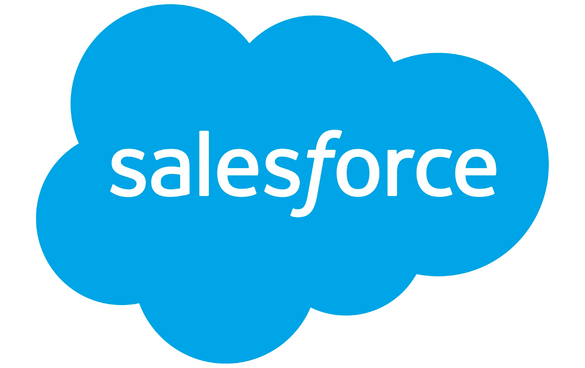 Salesforce logo with white text on a blue cloud shape.