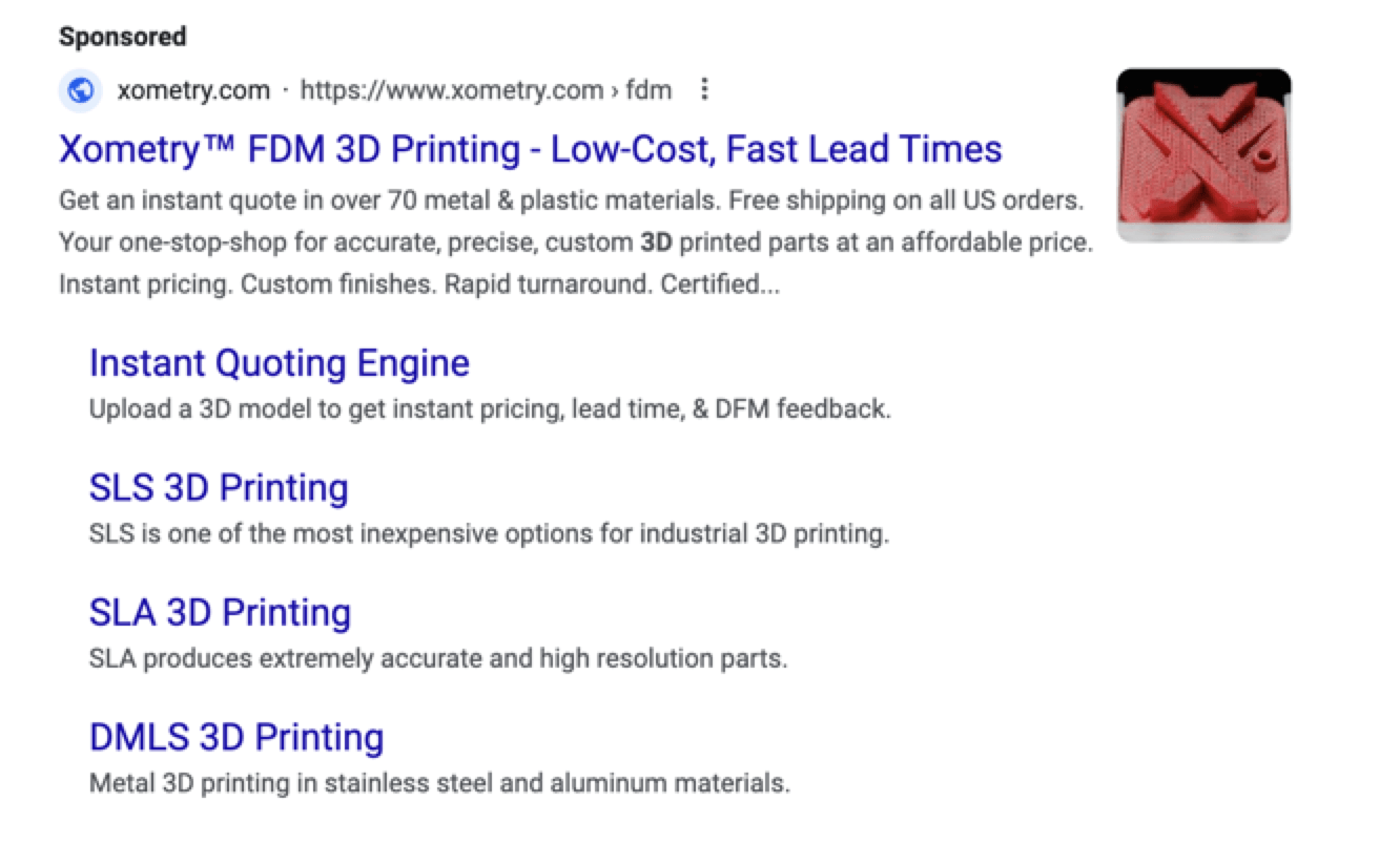 Screenshot of Google PPC ad for 3D printing