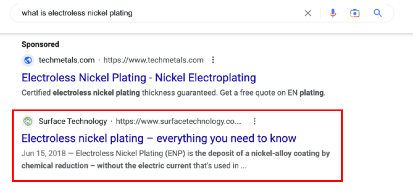 Screenshot of Google search results for "what is electroless nickel plating"